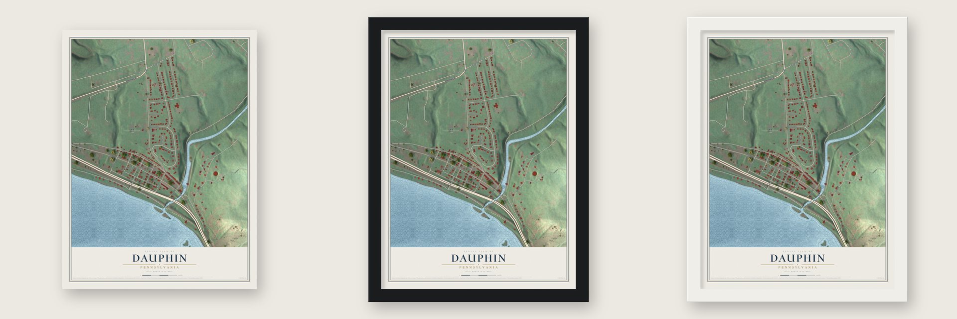 Dauphin, Pennsylvania map unframed, in a black wood frame and in a white wood frame