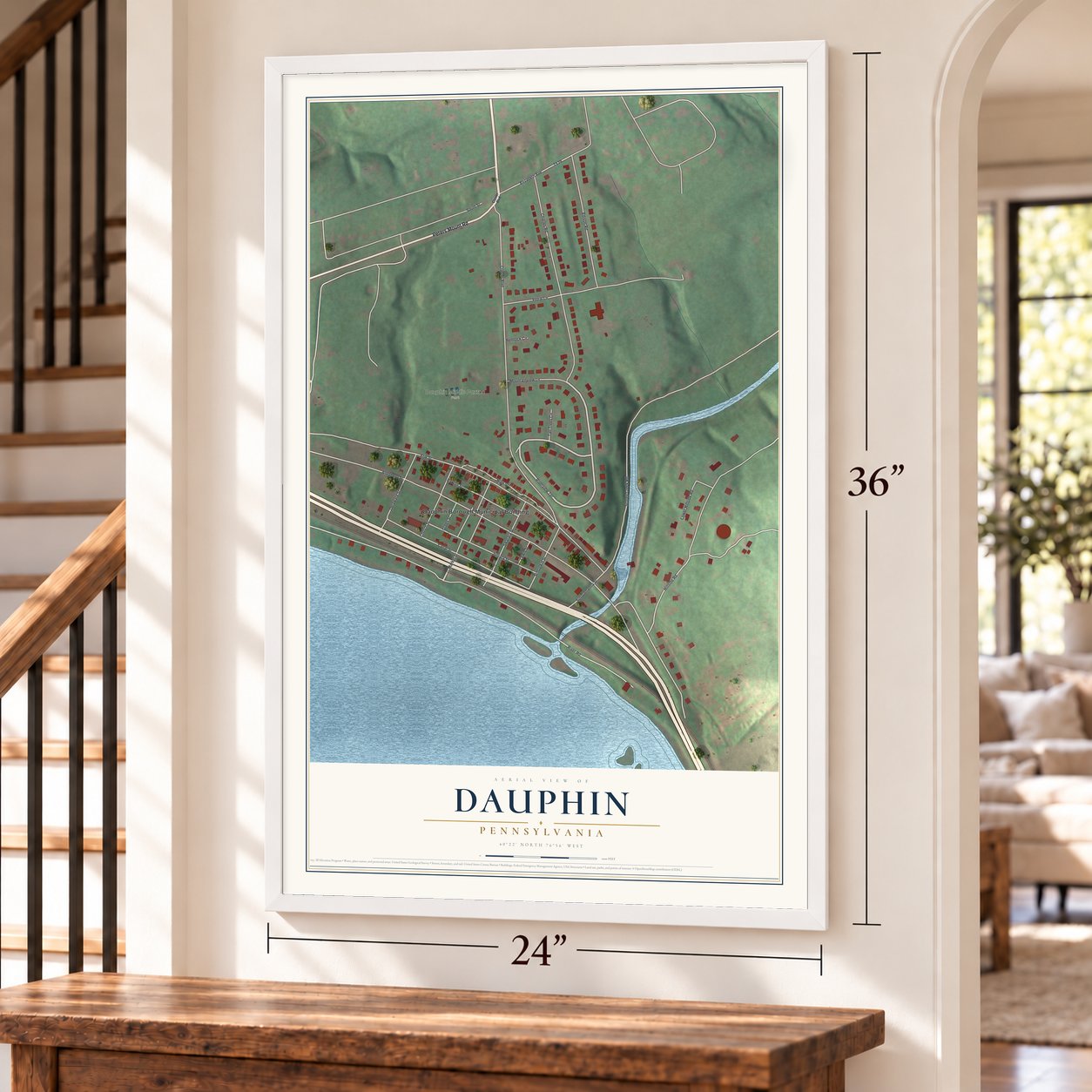 Dauphin, Pennsylvania map, 24 x 36 inch print in a white frame by a staircase