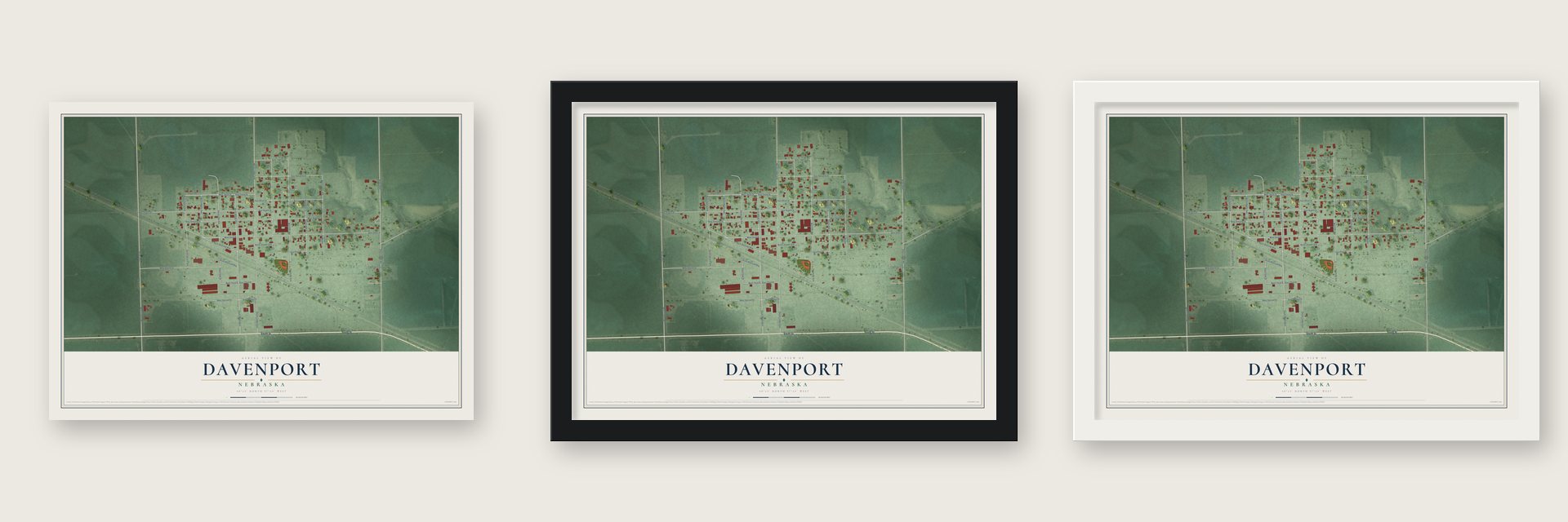 Davenport, Nebraska map unframed, in a black wood frame and in a white wood frame