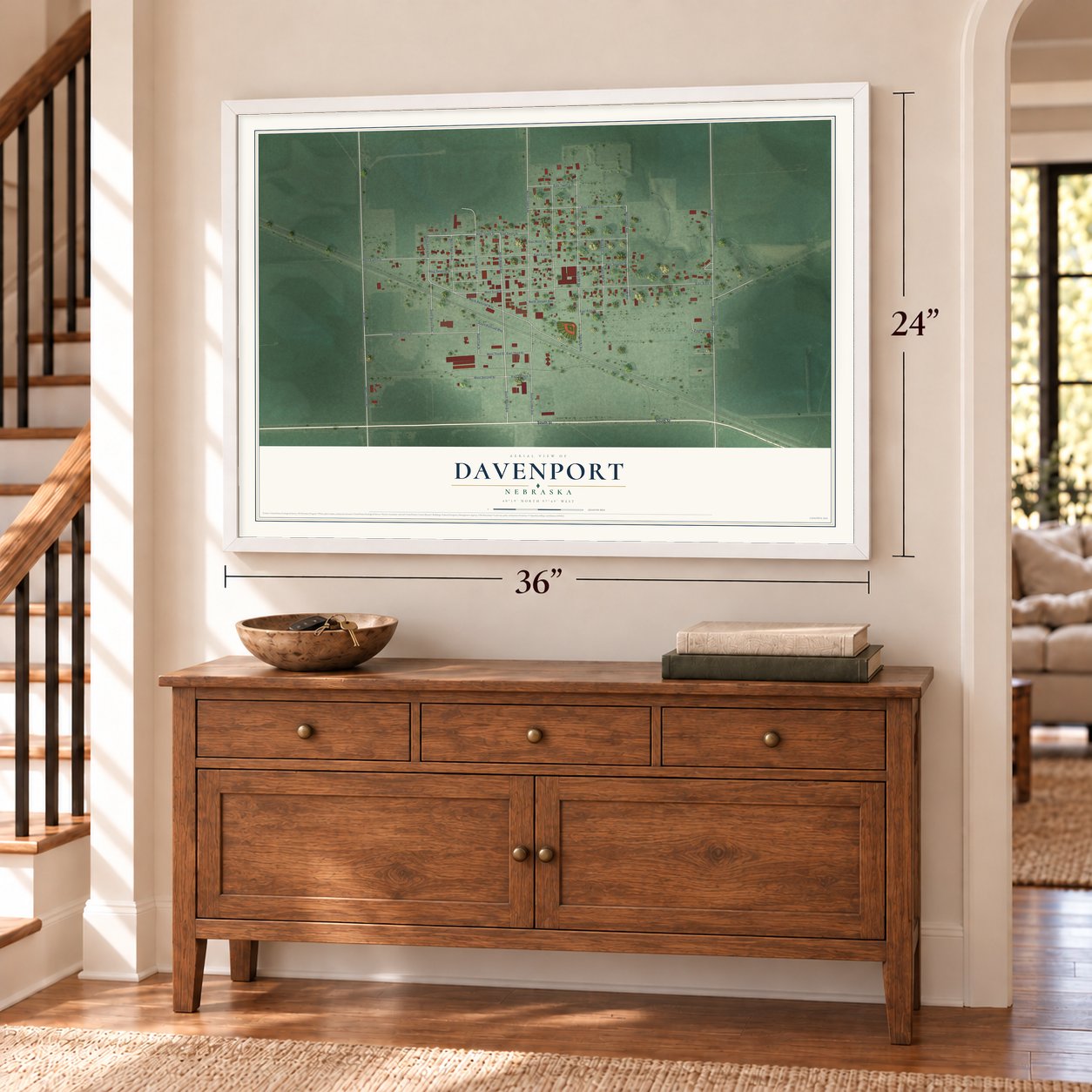 Davenport, Nebraska map, 24 x 36 inch print in a white frame above a dresser by a staircase