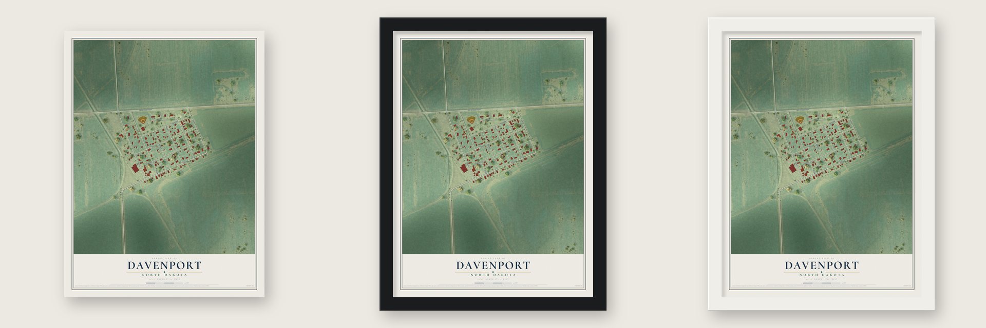 Davenport, North Dakota map unframed, in a black wood frame and in a white wood frame