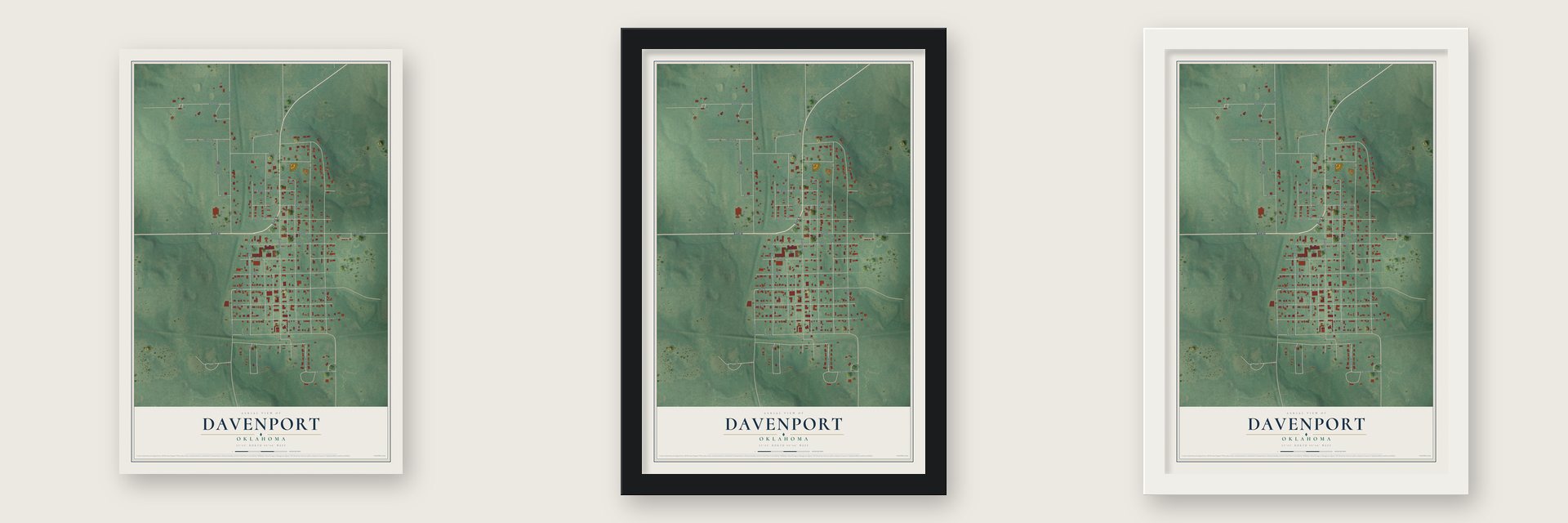 Davenport, Oklahoma map unframed, in a black wood frame and in a white wood frame