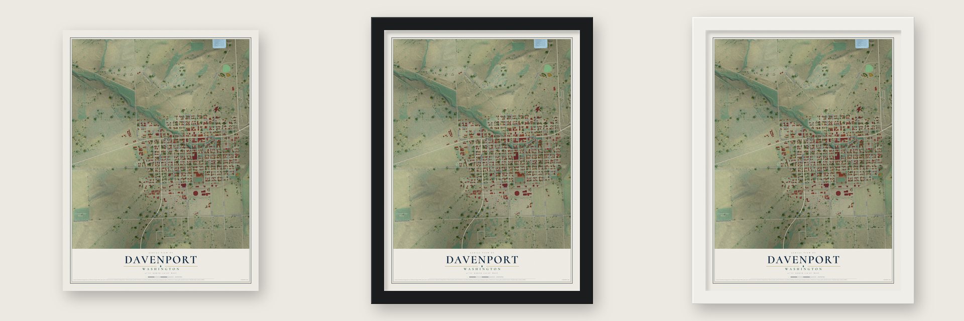Davenport, Washington map unframed, in a black wood frame and in a white wood frame