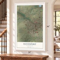 Davenport, Washington map, 24 x 36 inch print in a white frame by a staircase