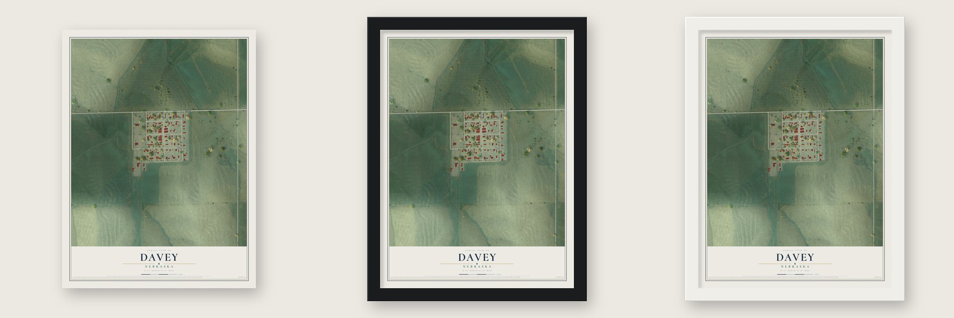 Davey, Nebraska map unframed, in a black wood frame and in a white wood frame