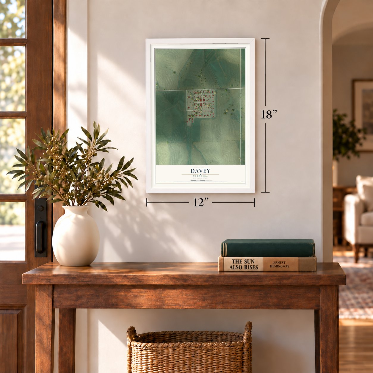 Davey, Nebraska map, 12 x 18 inch print in a white frame in an entryway