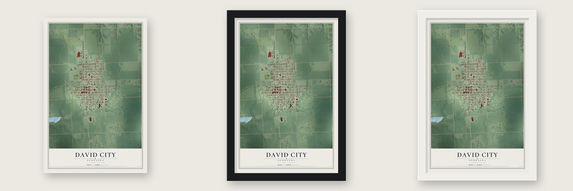 David City, Nebraska map unframed, in a black wood frame and in a white wood frame