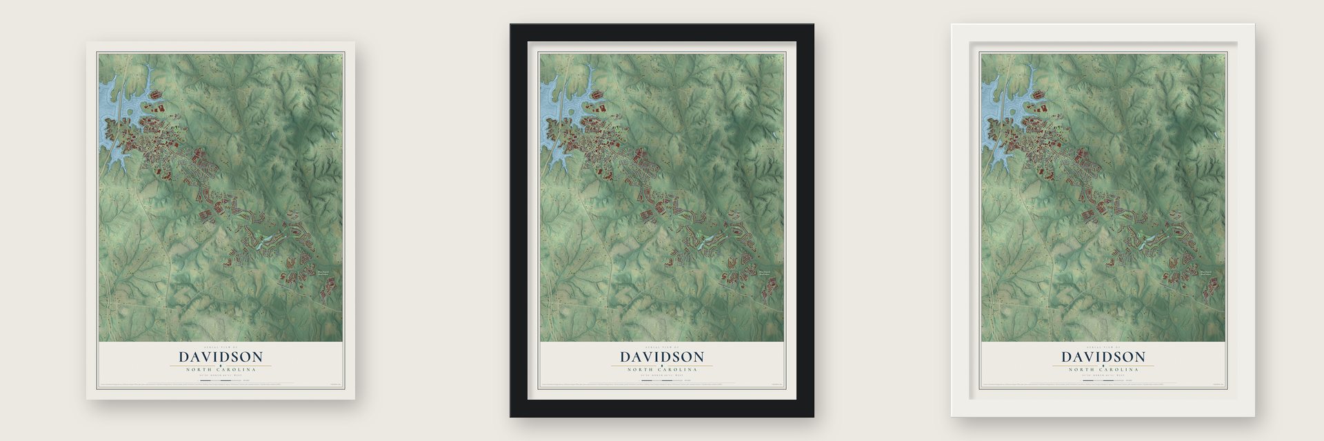 Davidson, North Carolina map unframed, in a black wood frame and in a white wood frame