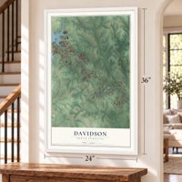 Davidson, North Carolina map, 24 x 36 inch print in a white frame by a staircase