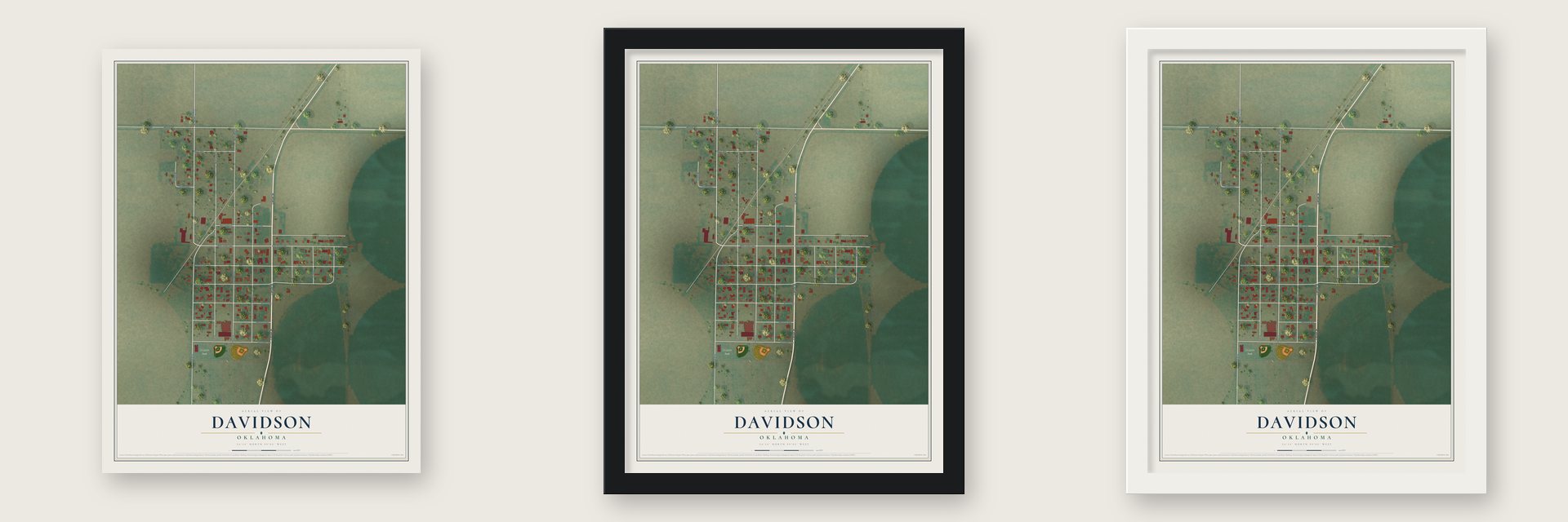 Davidson, Oklahoma map unframed, in a black wood frame and in a white wood frame