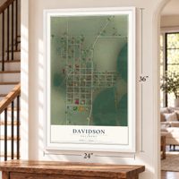Davidson, Oklahoma map, 24 x 36 inch print in a white frame by a staircase