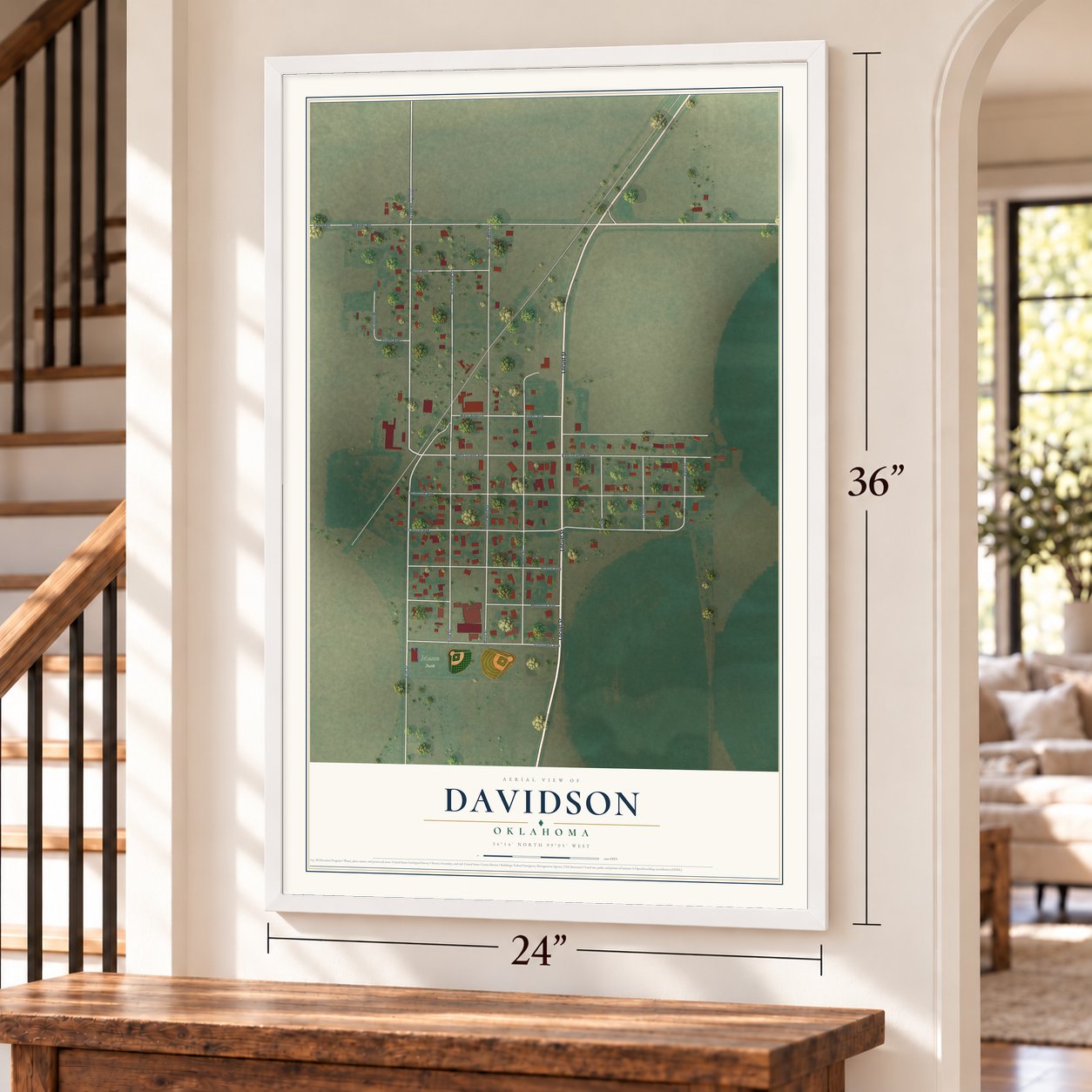 Davidson, Oklahoma map, 24 x 36 inch print in a white frame by a staircase