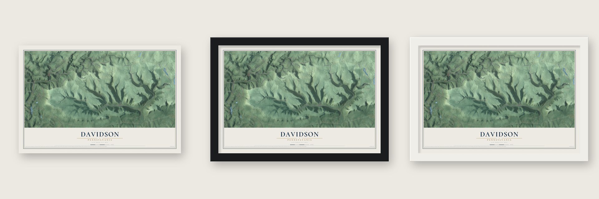 Davidson, Pennsylvania map unframed, in a black wood frame and in a white wood frame