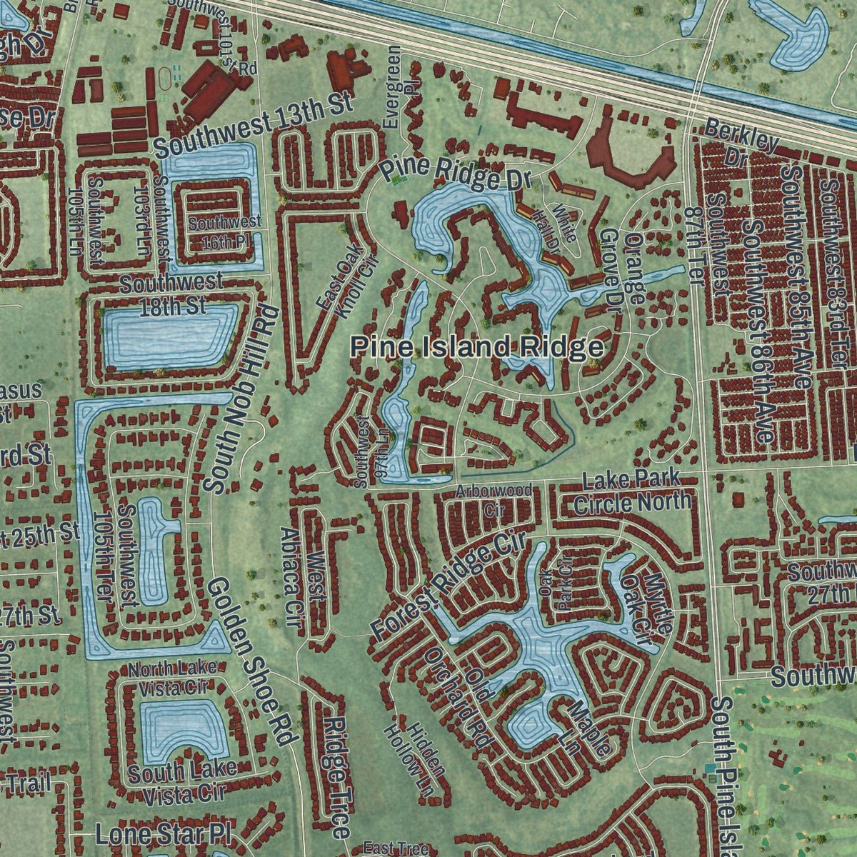 Second close-up of the map of Davie, Florida print showing more streets and buildings