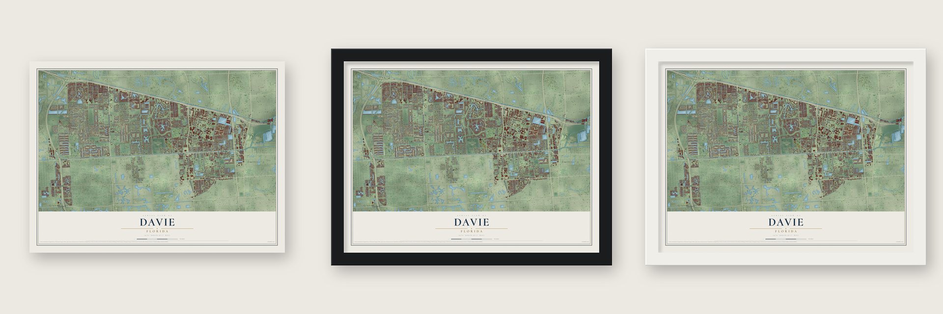 Davie, Florida map unframed, in a black wood frame and in a white wood frame