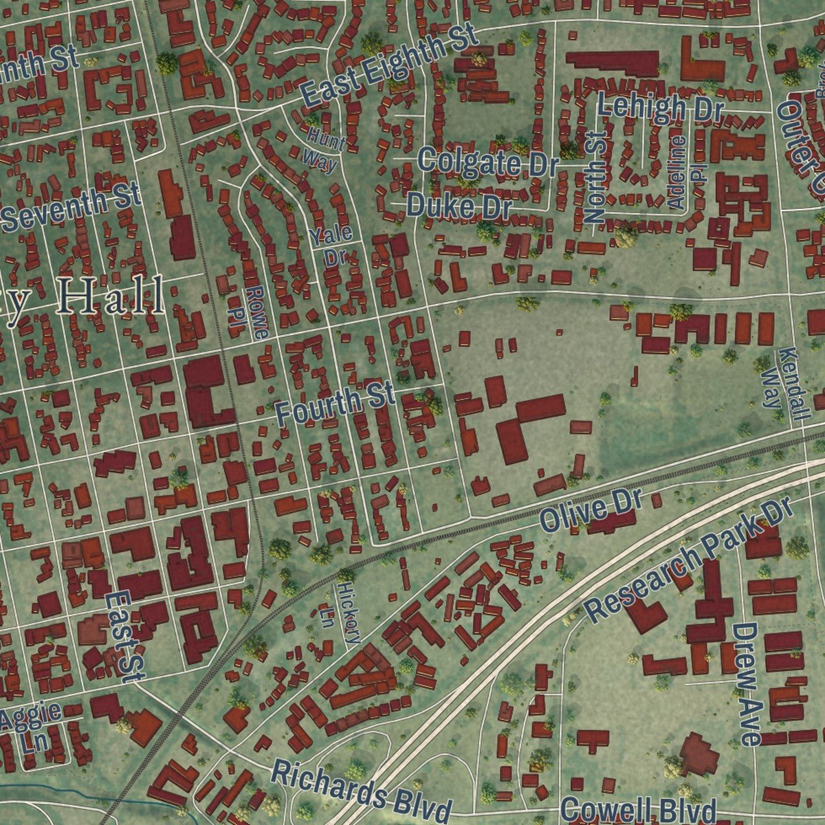 Second close-up of the map of Davis, California print showing more streets and buildings