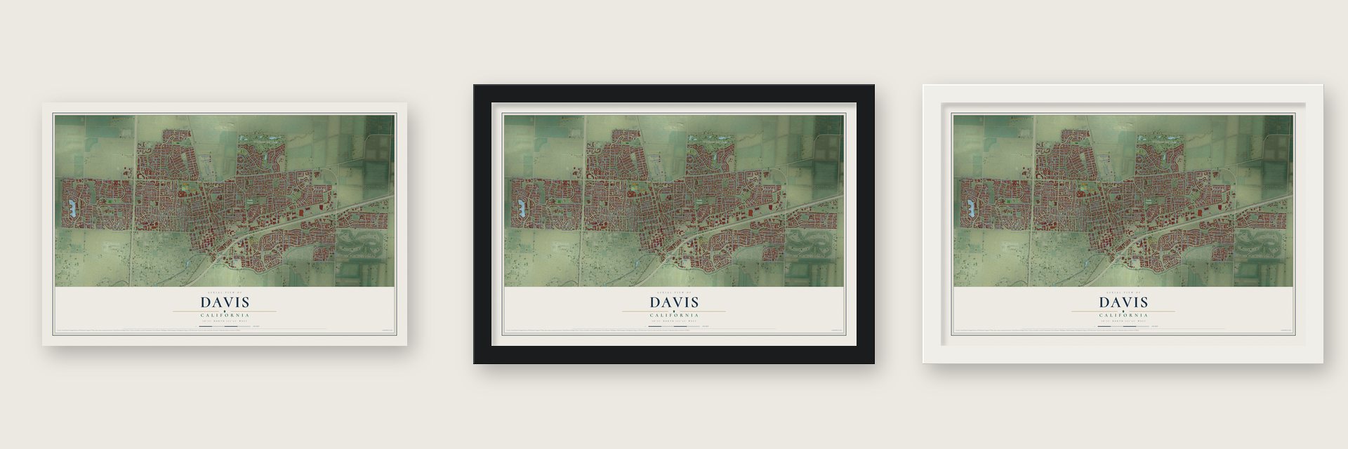 Davis, California map unframed, in a black wood frame and in a white wood frame