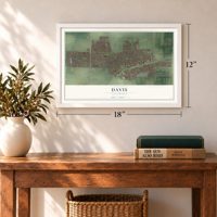 Davis, California map, 12 x 18 inch print in a white frame in an entryway
