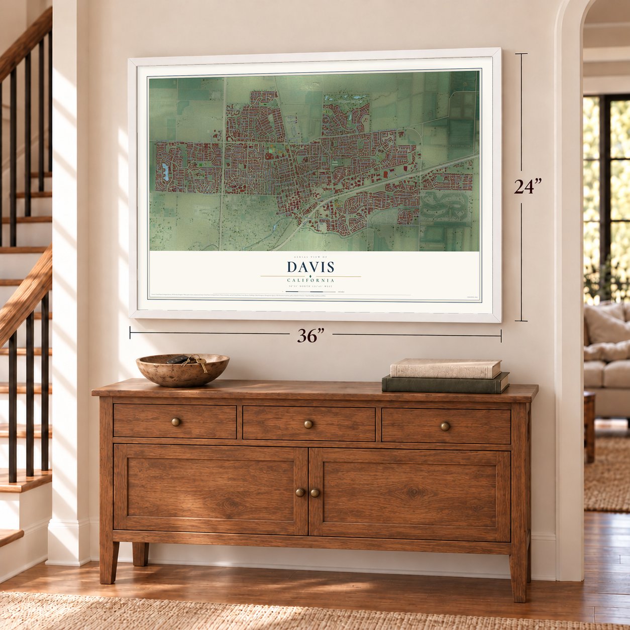 Davis, California map, 24 x 36 inch print in a white frame above a dresser by a staircase