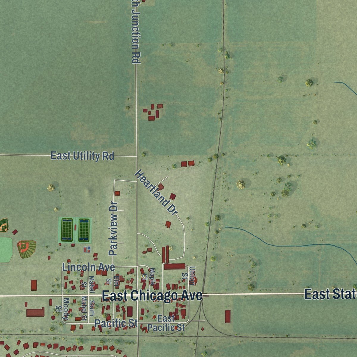 Second close-up of the map of Davis Junction, Illinois print showing more streets and buildings