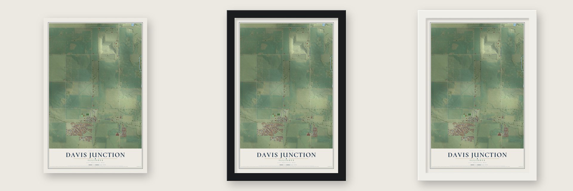 Davis Junction, Illinois map unframed, in a black wood frame and in a white wood frame