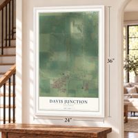 Davis Junction, Illinois map, 24 x 36 inch print in a white frame by a staircase