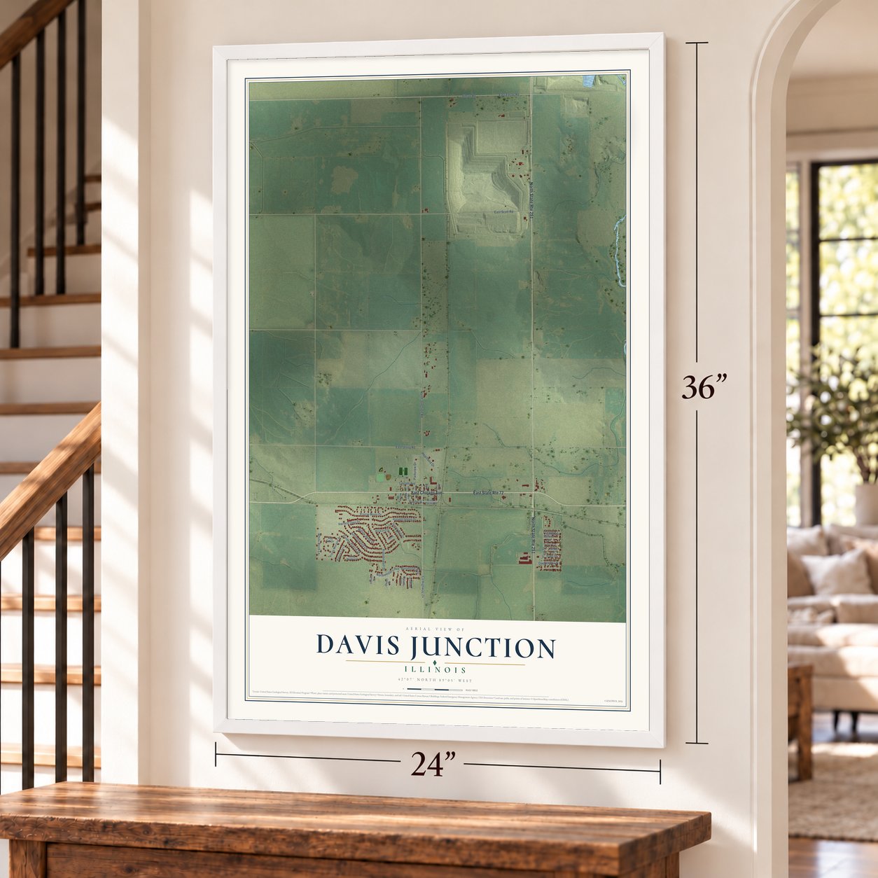 Davis Junction, Illinois map, 24 x 36 inch print in a white frame by a staircase