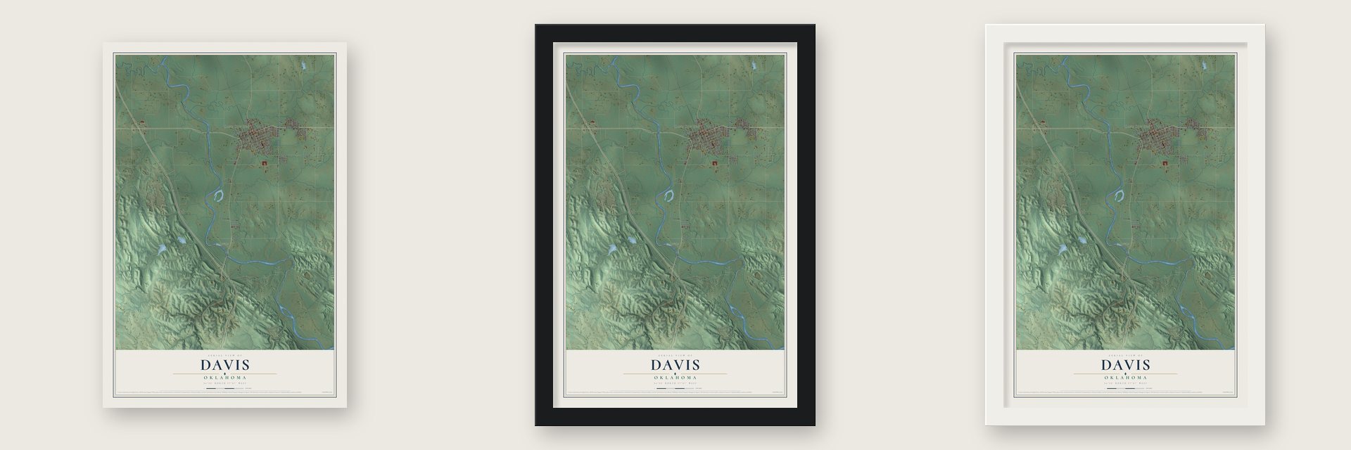 Davis, Oklahoma map unframed, in a black wood frame and in a white wood frame