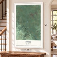 Davis, Oklahoma map, 24 x 36 inch print in a white frame by a staircase