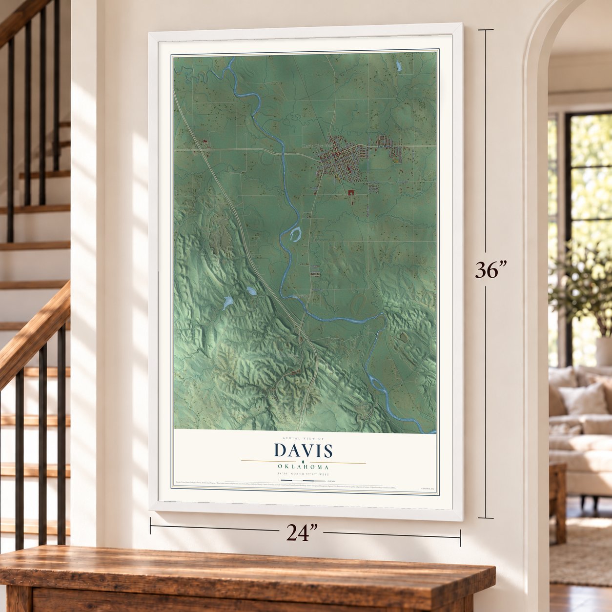 Davis, Oklahoma map, 24 x 36 inch print in a white frame by a staircase