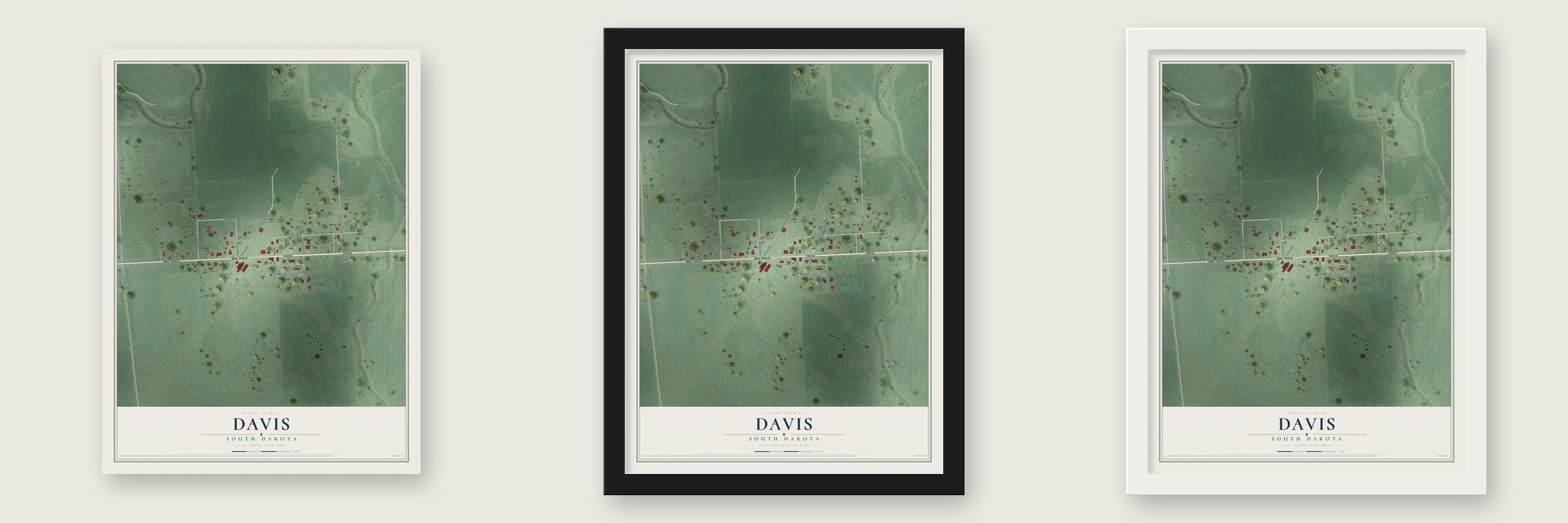 Davis, South Dakota map unframed, in a black wood frame and in a white wood frame