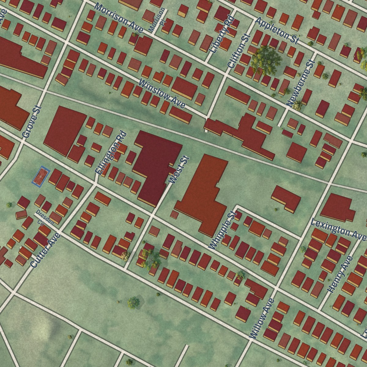 Second close-up of the map of Davis Square, Massachusetts print showing more streets and buildings