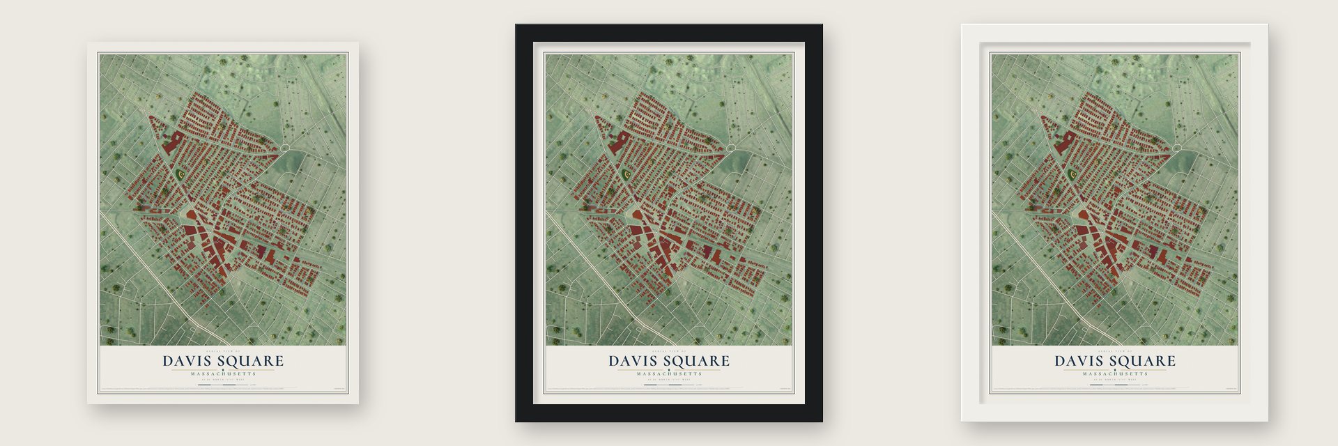 Davis Square, Massachusetts map unframed, in a black wood frame and in a white wood frame