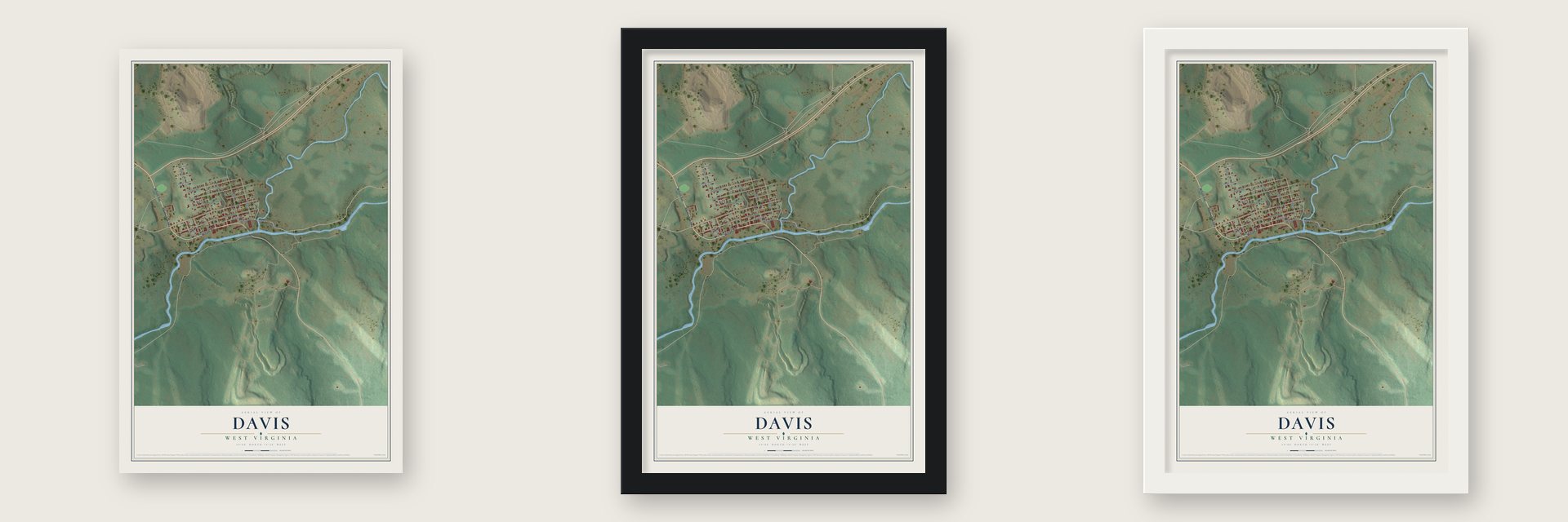 Davis, West Virginia map unframed, in a black wood frame and in a white wood frame