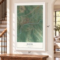 Davis, West Virginia map, 24 x 36 inch print in a white frame by a staircase
