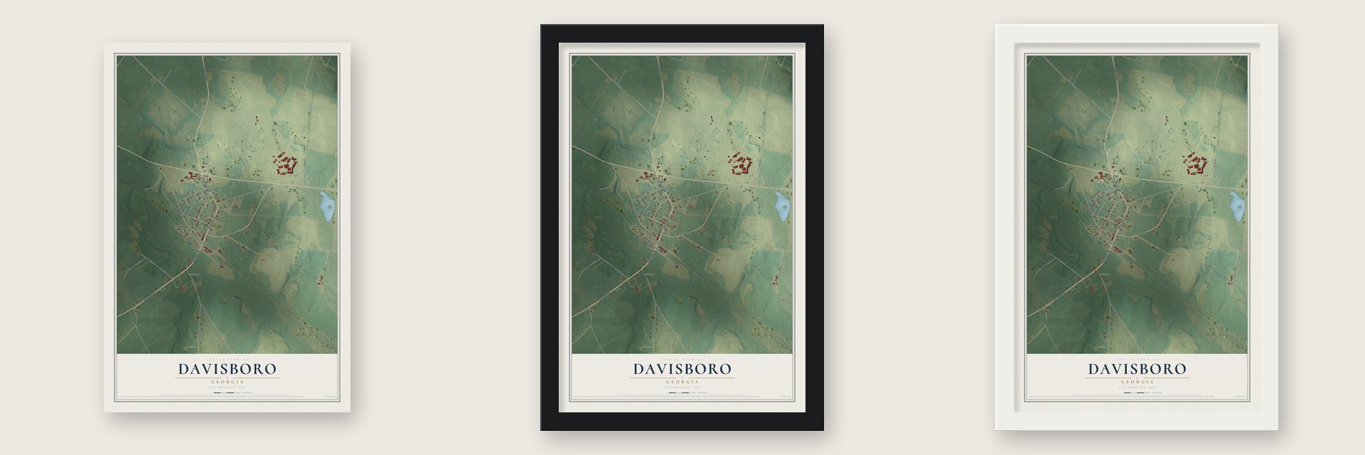 Davisboro, Georgia map unframed, in a black wood frame and in a white wood frame