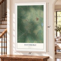 Davisboro, Georgia map, 24 x 36 inch print in a white frame by a staircase