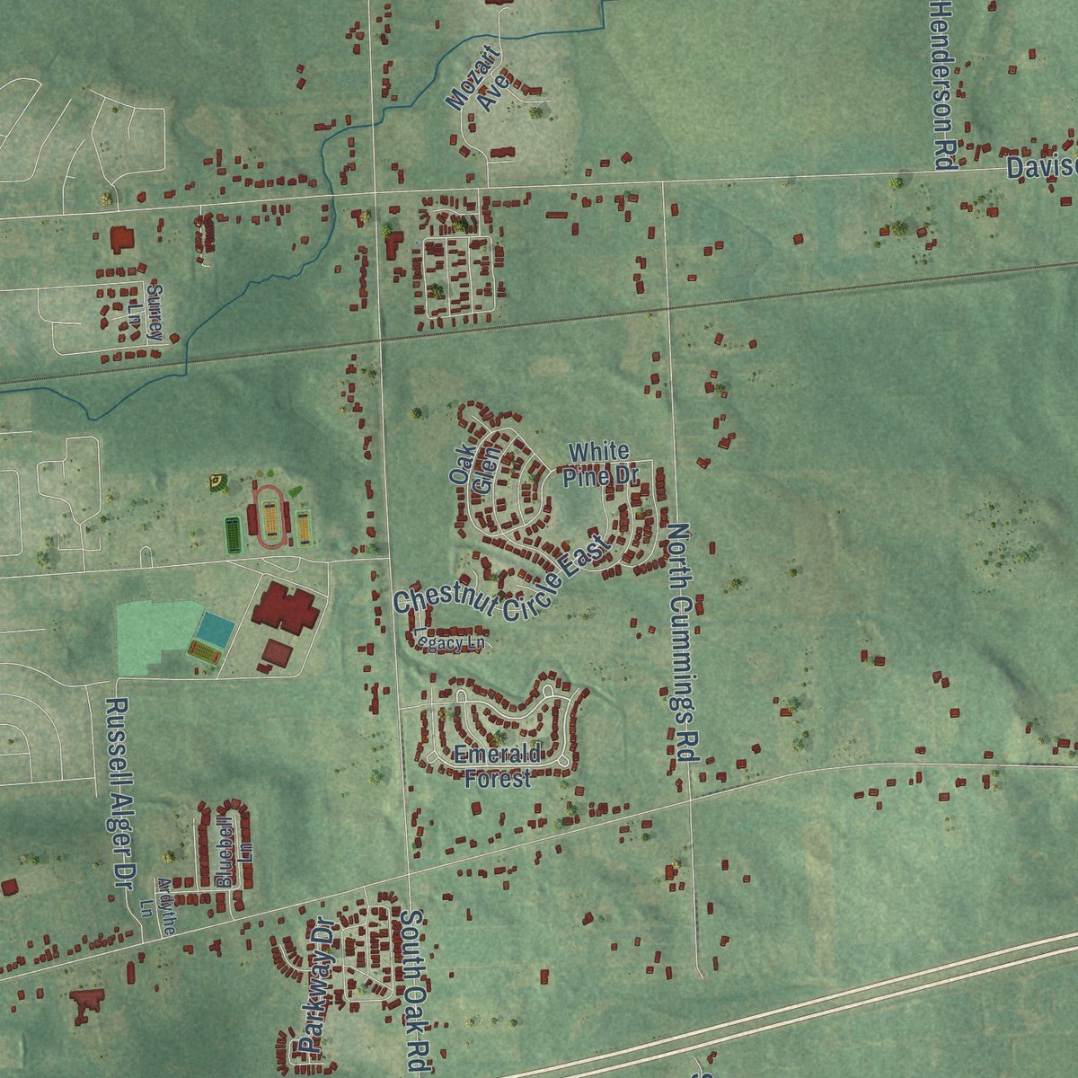 Second close-up of the map of Davison, Genesee County, Michigan print showing more streets and buildings