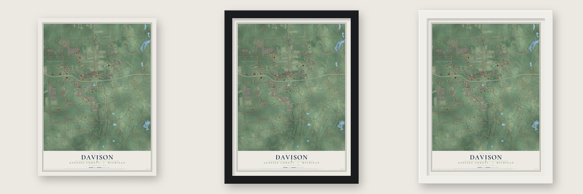 Davison, Genesee County, Michigan map unframed, in a black wood frame and in a white wood frame