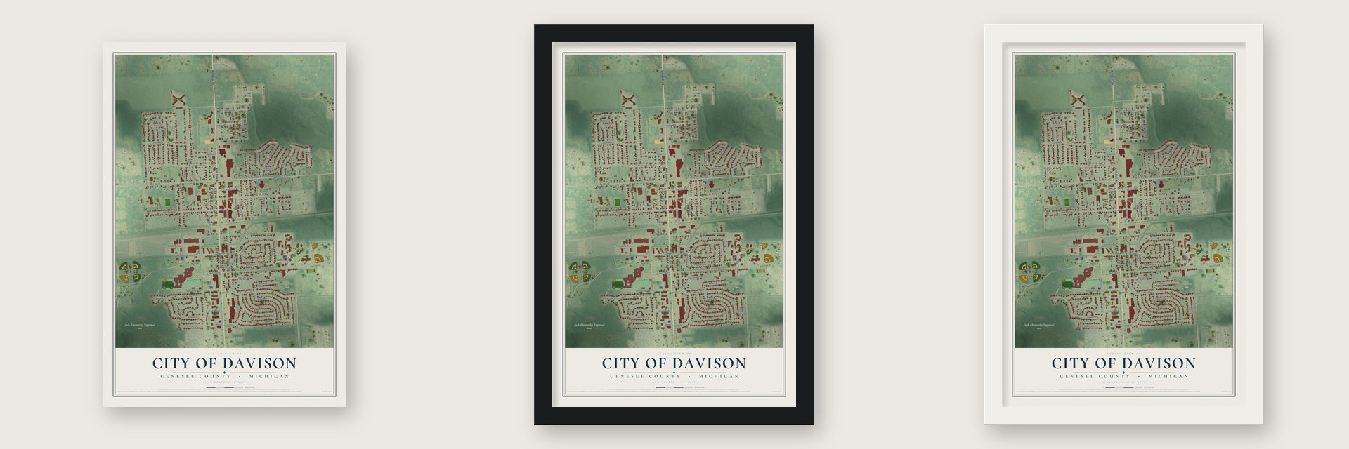 Davison, Michigan map unframed, in a black wood frame and in a white wood frame