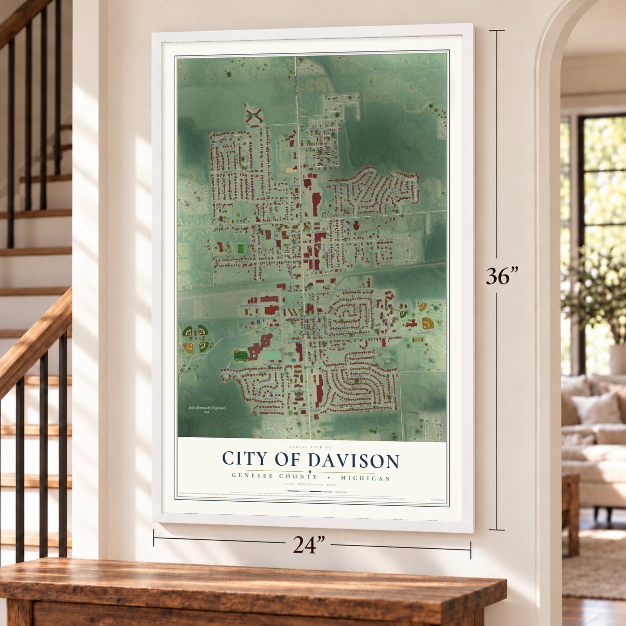 Davison, Michigan map, 24 x 36 inch print in a white frame by a staircase