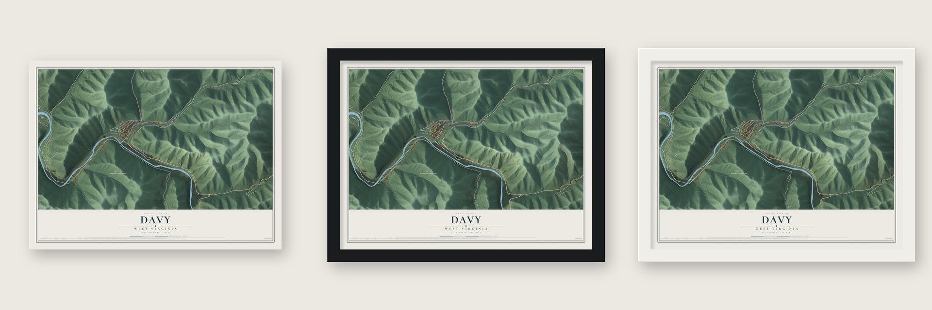 Davy, West Virginia map unframed, in a black wood frame and in a white wood frame