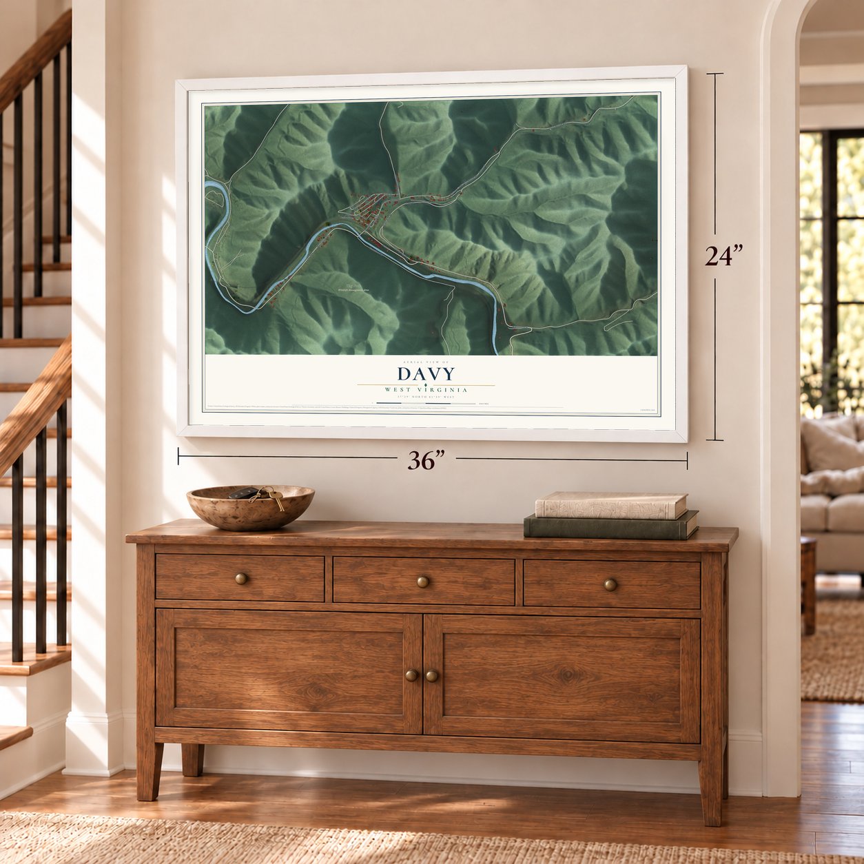 Davy, West Virginia map, 24 x 36 inch print in a white frame above a dresser by a staircase