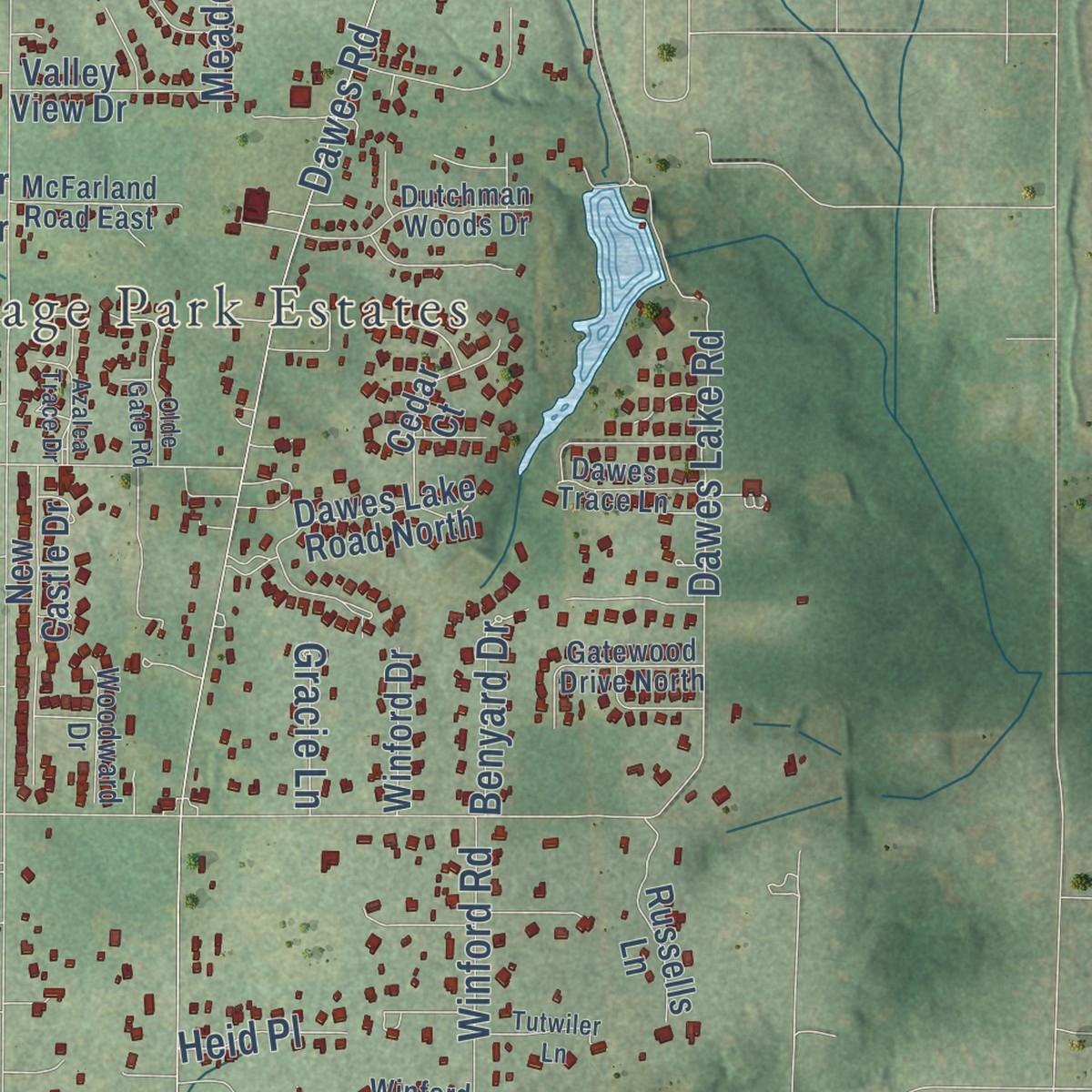 Second close-up of the map of Dawes, Alabama print showing more streets and buildings