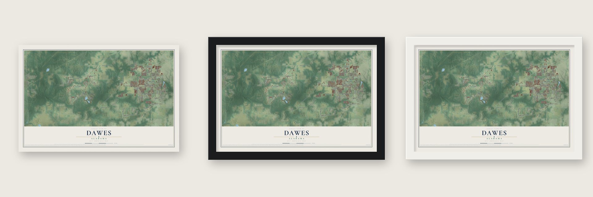 Dawes, Alabama map unframed, in a black wood frame and in a white wood frame