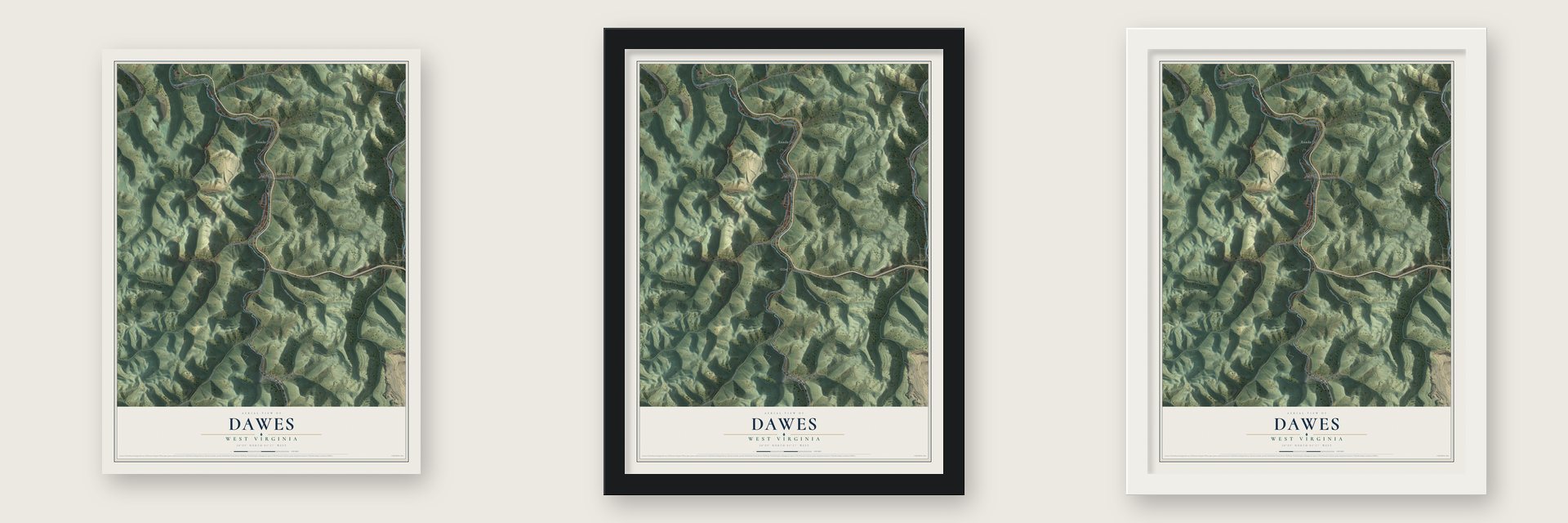 Dawes, West Virginia map unframed, in a black wood frame and in a white wood frame