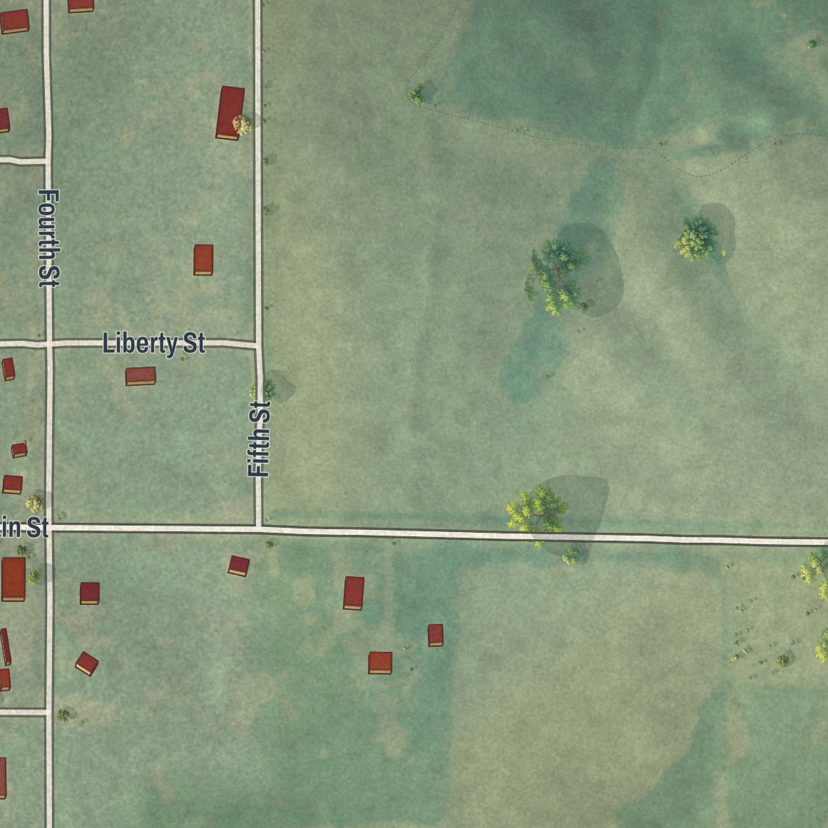 Second close-up of the map of Dawn, Missouri print showing more streets and buildings