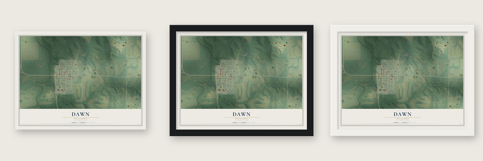 Dawn, Missouri map unframed, in a black wood frame and in a white wood frame