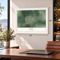 Dawn, Missouri map, 18 x 24 inch print in a white frame in a home office
