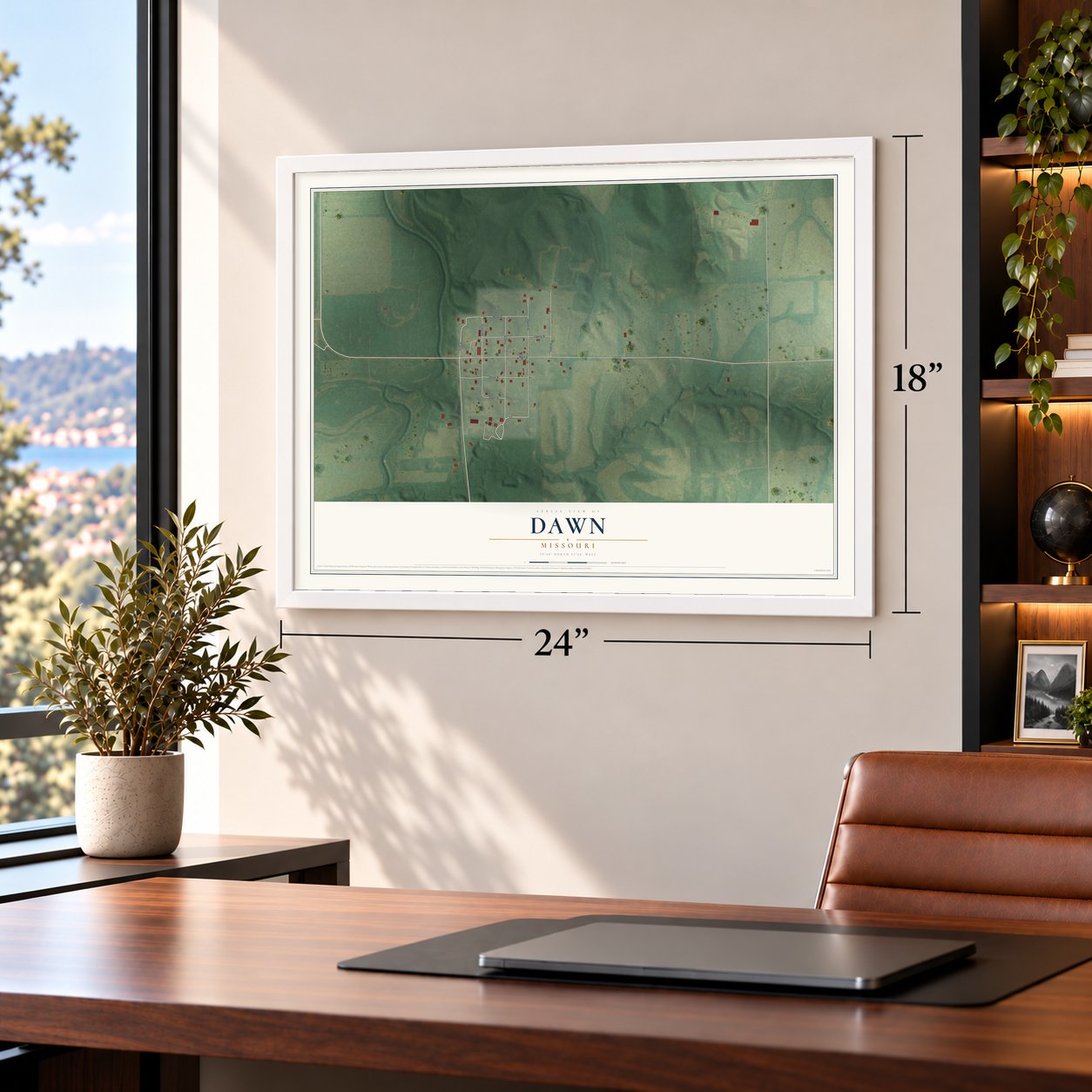 Dawn, Missouri map, 18 x 24 inch print in a white frame in a home office